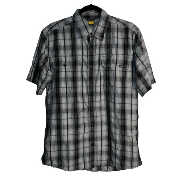 Eddie Bauer Travex Men’s S Black Gray Plaid Short Sleeve Button Up Performance - Picture 1 of 7